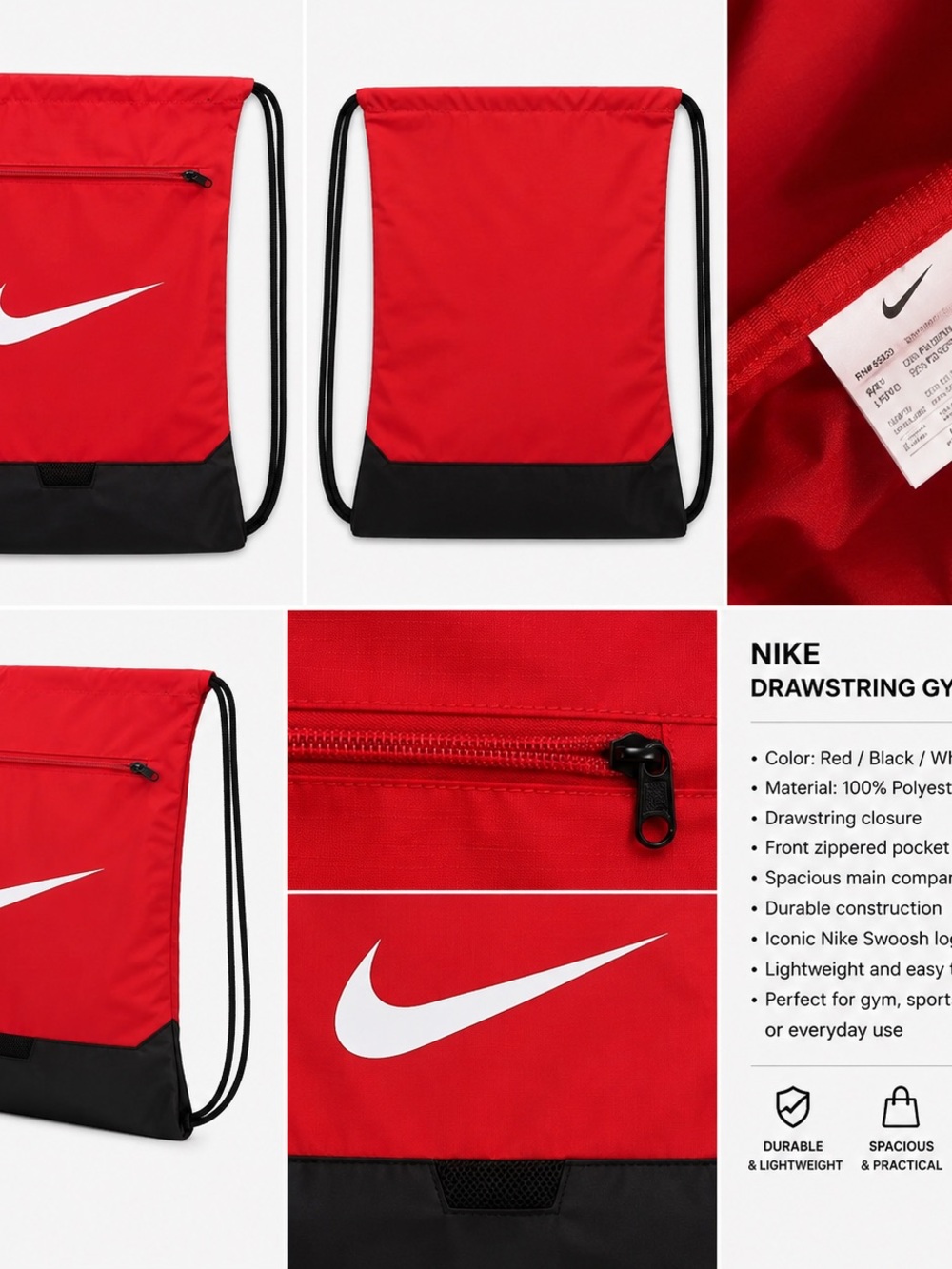 Nike Red and Black Drawstring Backpack with White Swoosh